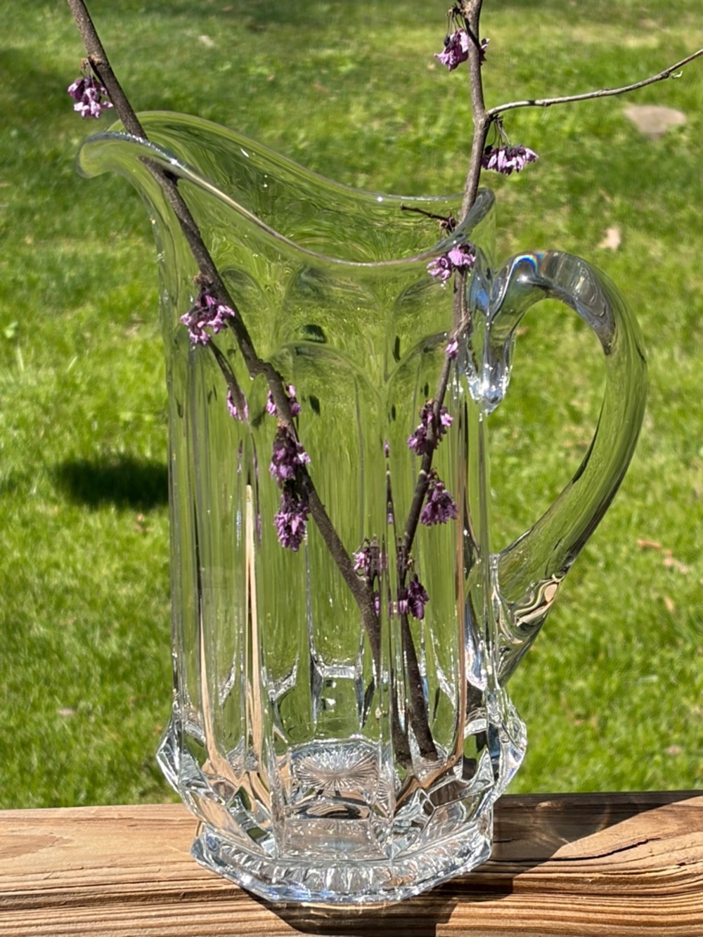 Vintage Clear Glass Pitcher Paneled Starburst Base Scalloped Rim Farmhouse Vase - Picture 3 of 10